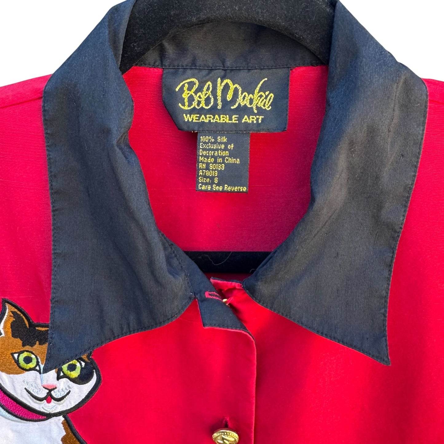 Bob Mackie Wearable Art Vintage Womens Embroidered Red Cat Print Silk Blouse S