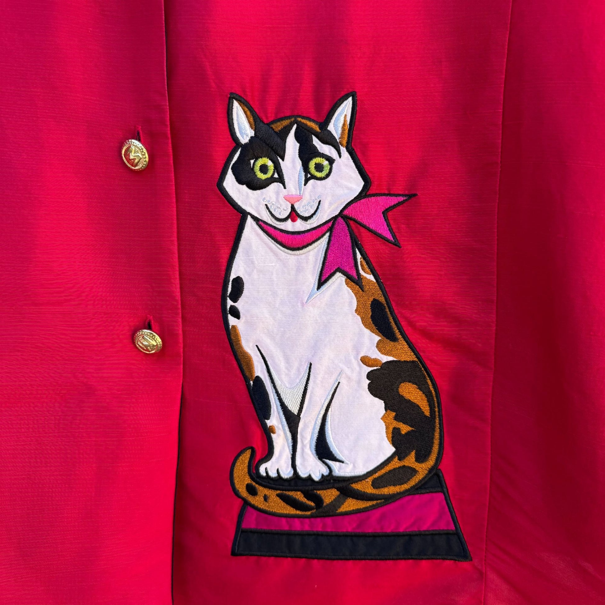Bob Mackie Wearable Art Vintage Womens Embroidered Red Cat Print Silk Blouse S