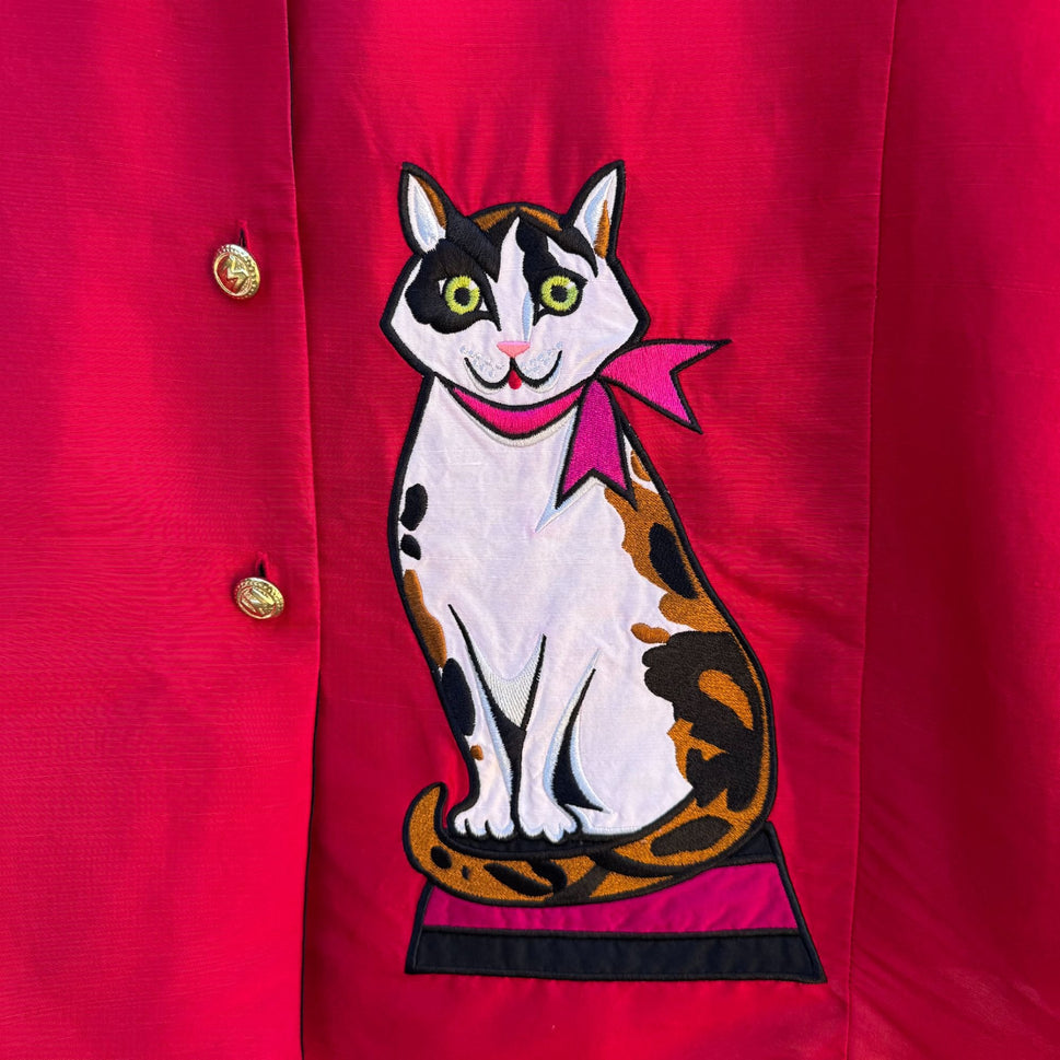 Bob Mackie Wearable Art Vintage Womens Embroidered Red Cat Print Silk Blouse S