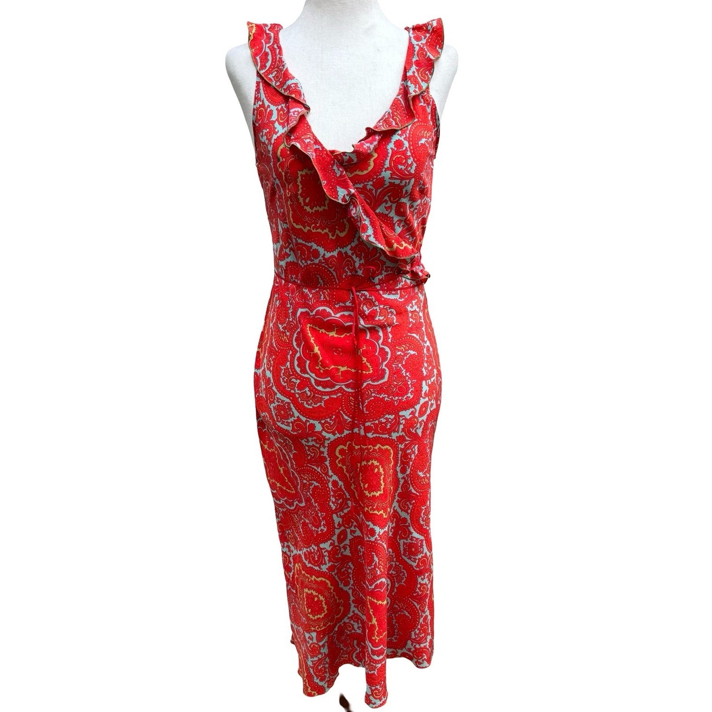 Poleci Vintage Y2K Paisley 100% Silk Ruffle Midi Dress Feminine Garden Party 6