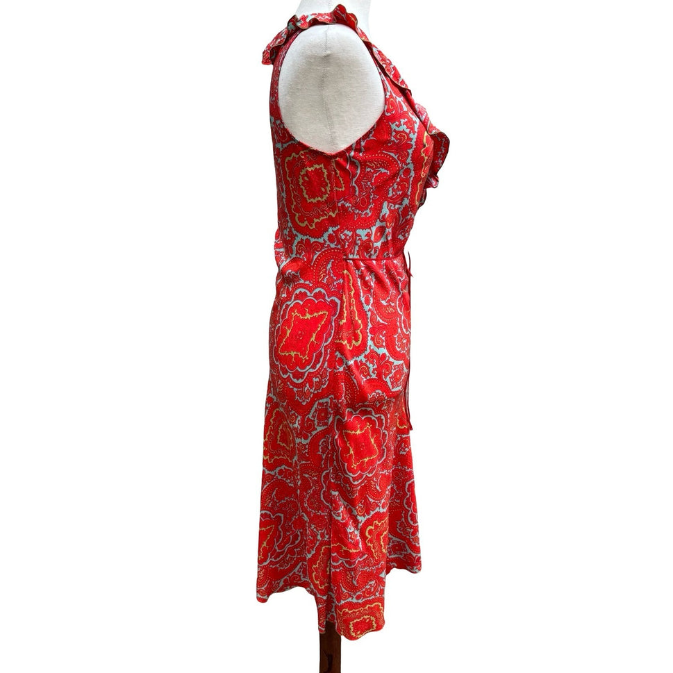 Poleci Vintage Y2K Paisley 100% Silk Ruffle Midi Dress Feminine Garden Party 6