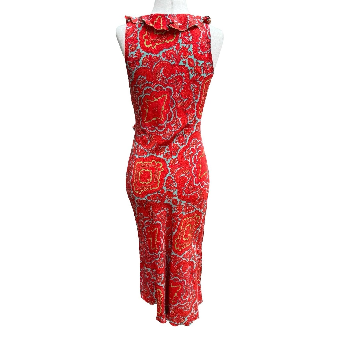 Poleci Vintage Y2K Paisley 100% Silk Ruffle Midi Dress Feminine Garden Party 6