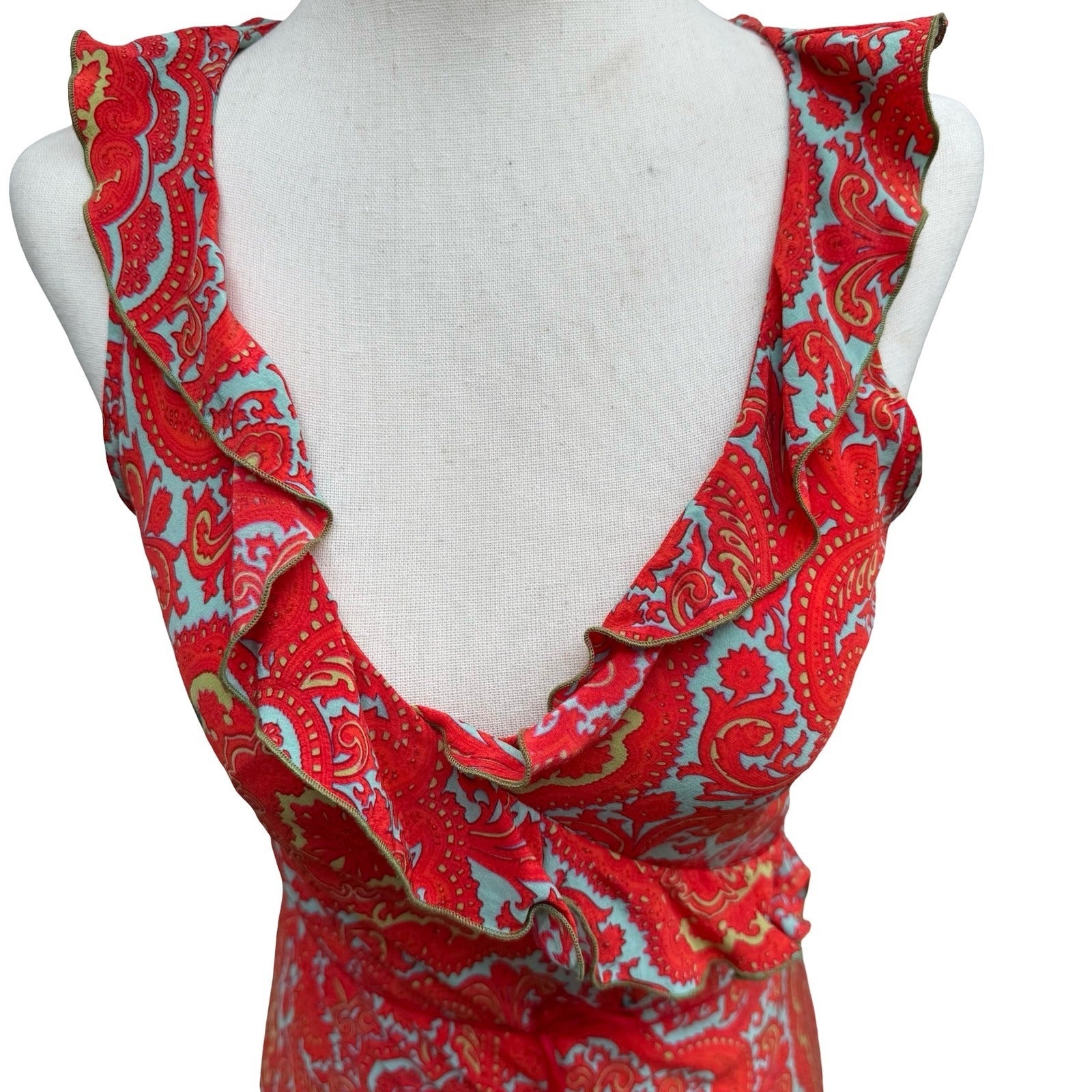 Poleci Vintage Y2K Paisley 100% Silk Ruffle Midi Dress Feminine Garden Party 6