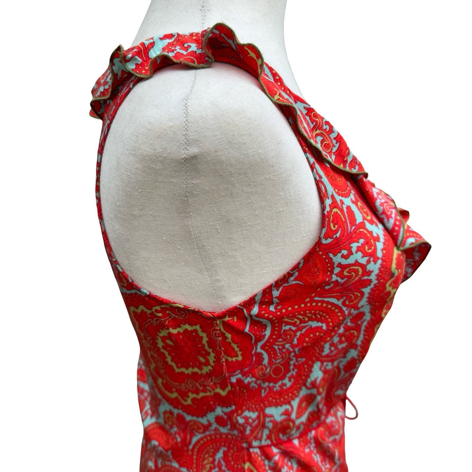 Poleci Vintage Y2K Paisley 100% Silk Ruffle Midi Dress Feminine Garden Party 6