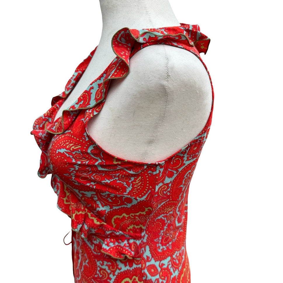 Poleci Vintage Y2K Paisley 100% Silk Ruffle Midi Dress Feminine Garden Party 6