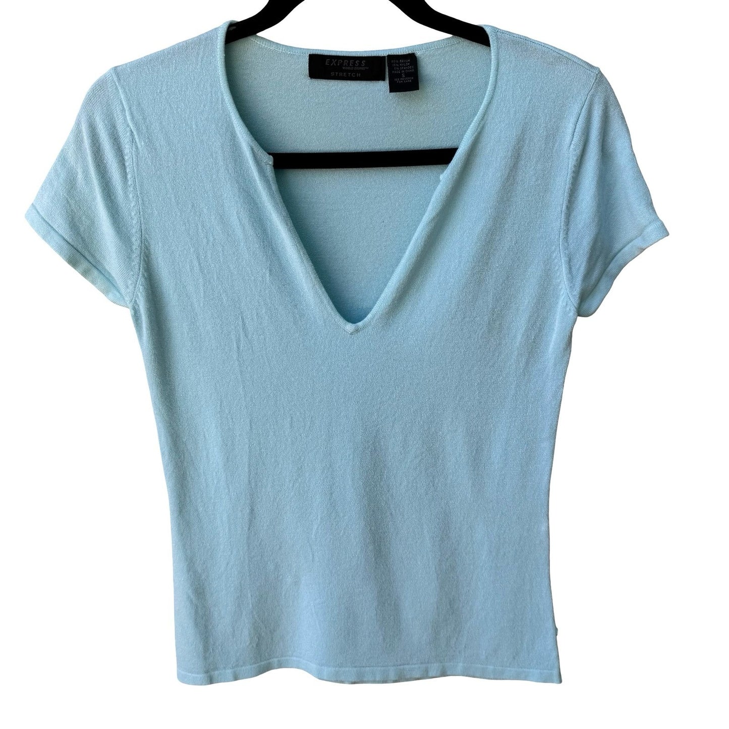 Express Y2K Pastel Blue Coastal Preppy Deep V-Neck Cap Sleeve Stretch Knit Top S