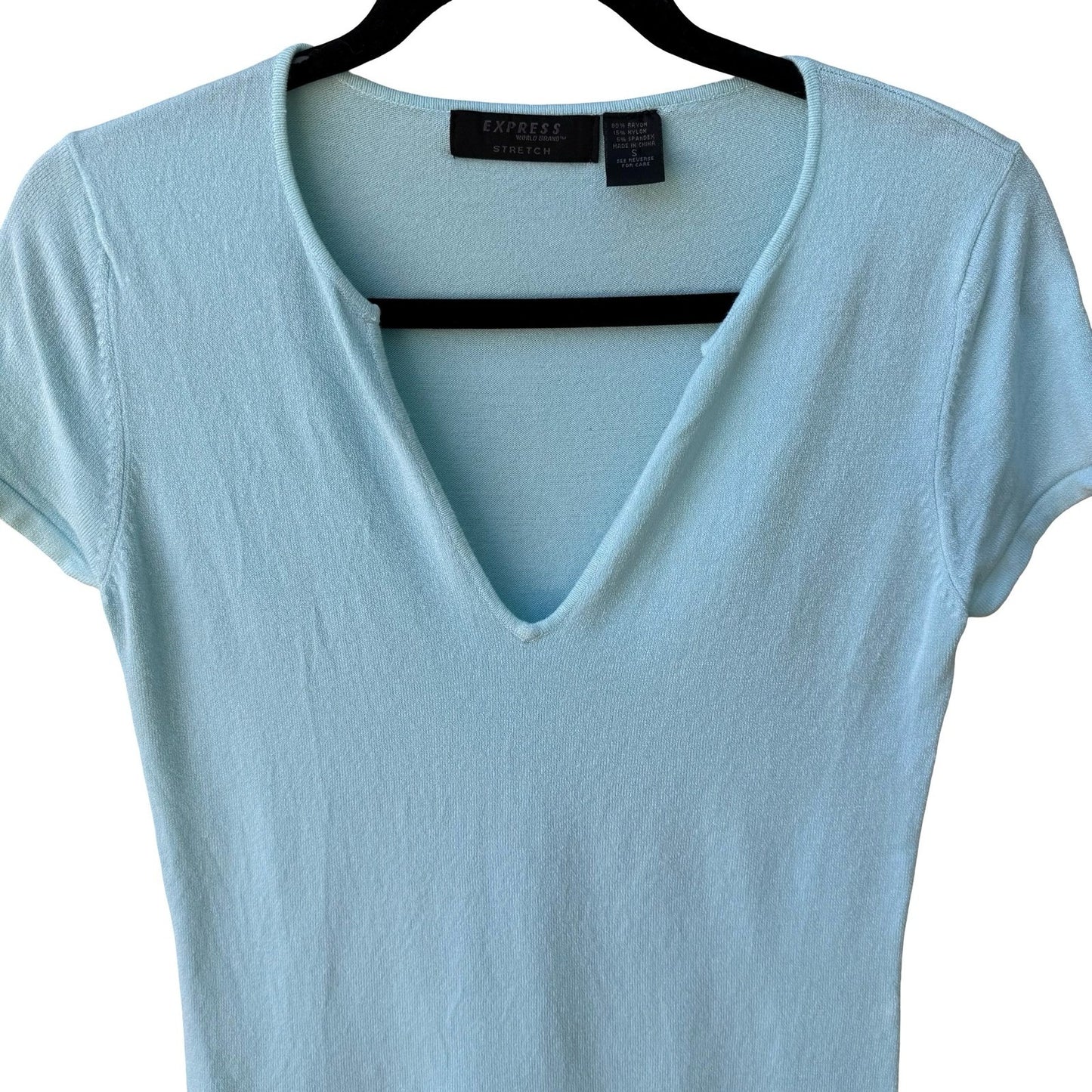 Express Y2K Pastel Blue Coastal Preppy Deep V-Neck Cap Sleeve Stretch Knit Top S