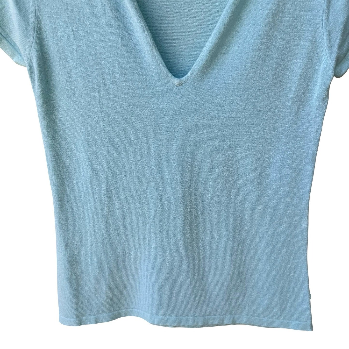 Express Y2K Pastel Blue Coastal Preppy Deep V-Neck Cap Sleeve Stretch Knit Top S