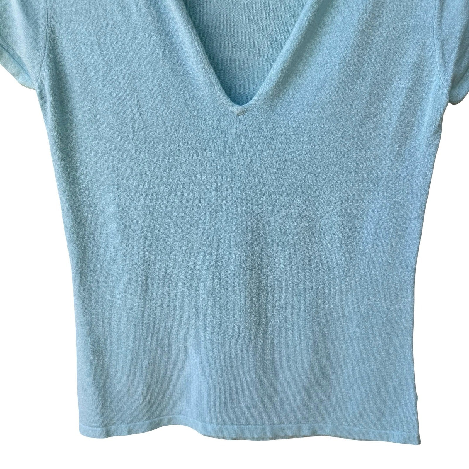 Express Y2K Pastel Blue Coastal Preppy Deep V-Neck Cap Sleeve Stretch Knit Top S