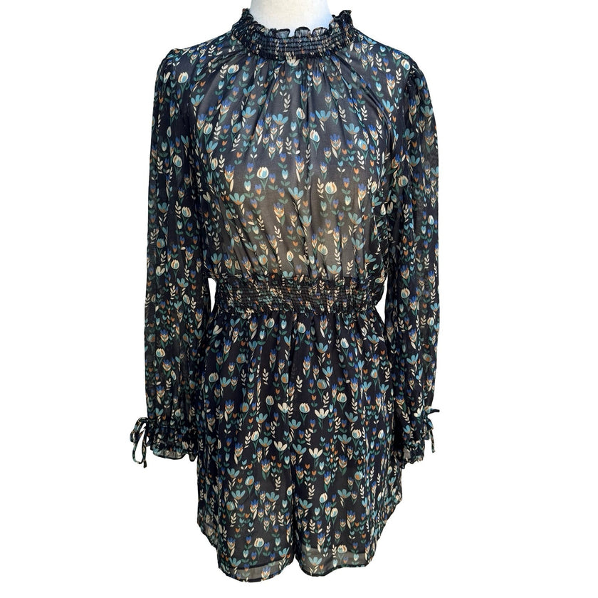 Zara Cottagecore Whimsigoth Boho Dark Floral Smocked Mock Neck Romper Black S