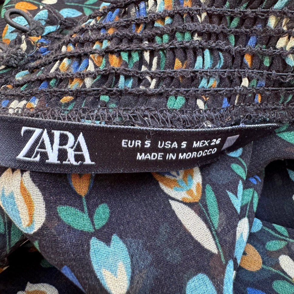 Zara Cottagecore Whimsigoth Boho Dark Floral Smocked Mock Neck Romper Black S