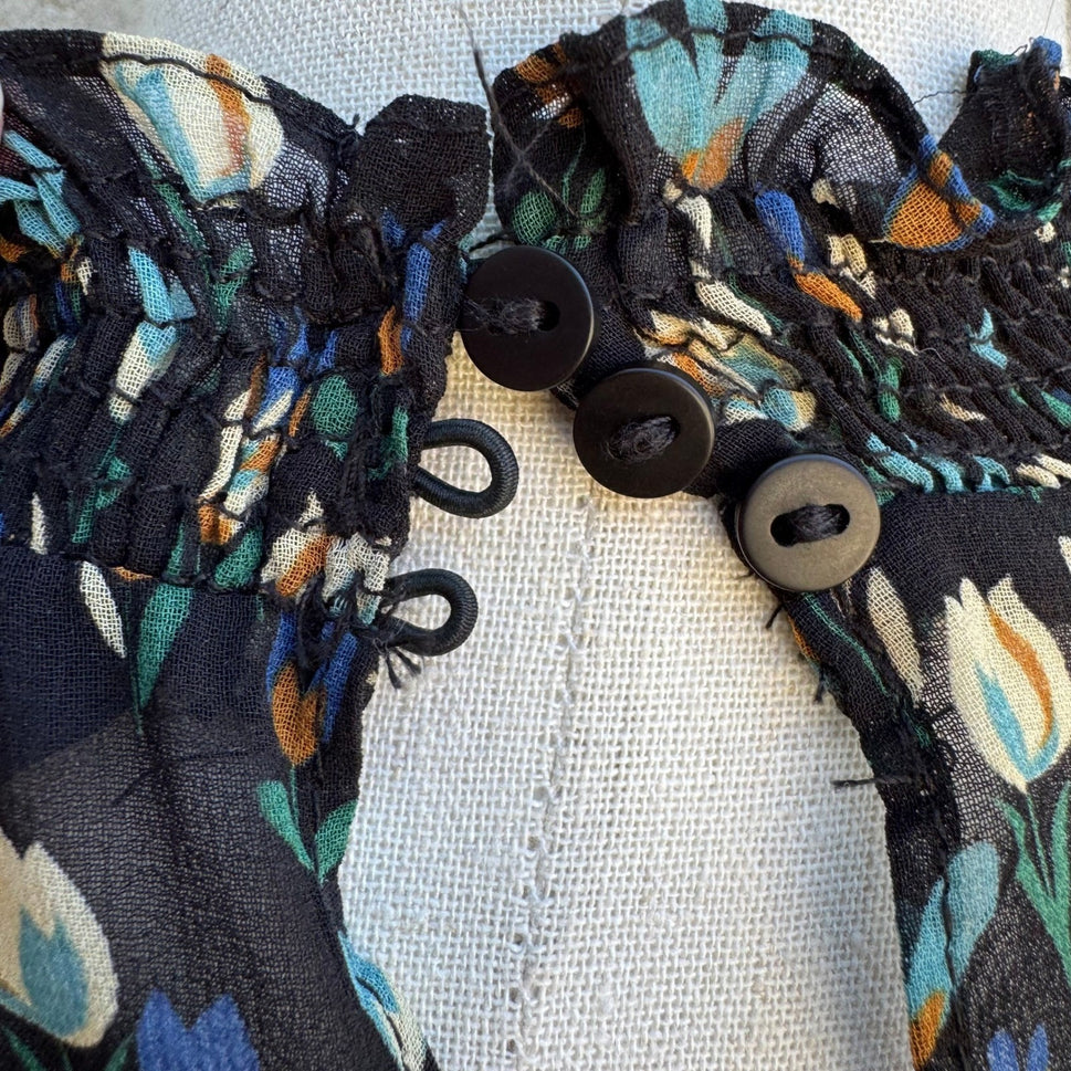 Zara Cottagecore Whimsigoth Boho Dark Floral Smocked Mock Neck Romper Black S