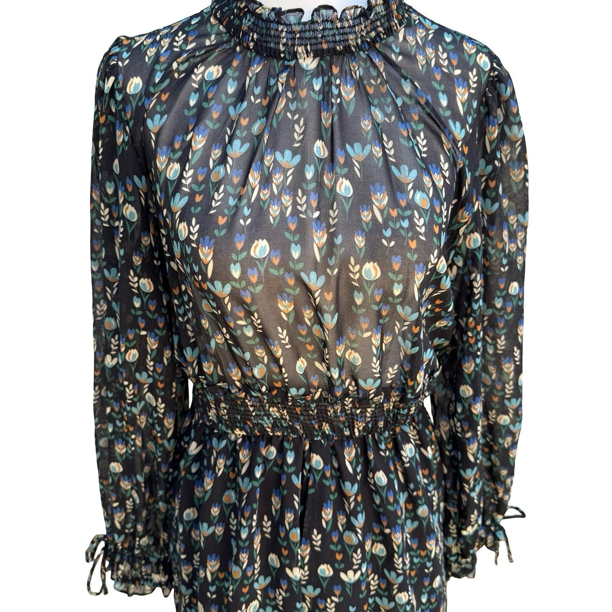 Zara Cottagecore Whimsigoth Boho Dark Floral Smocked Mock Neck Romper Black S