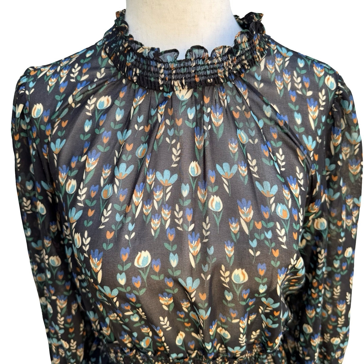 Zara Cottagecore Whimsigoth Boho Dark Floral Smocked Mock Neck Romper Black S