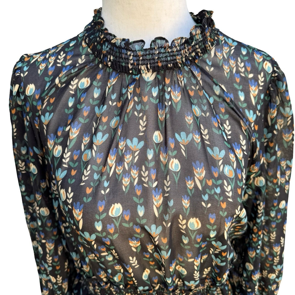 Zara Cottagecore Whimsigoth Boho Dark Floral Smocked Mock Neck Romper Black S
