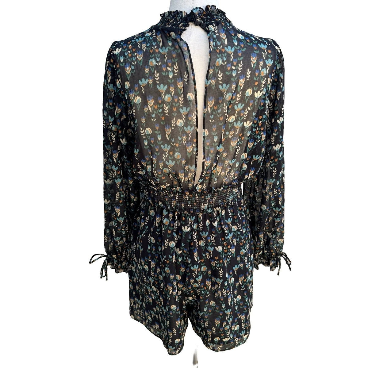 Zara Cottagecore Whimsigoth Boho Dark Floral Smocked Mock Neck Romper Black S