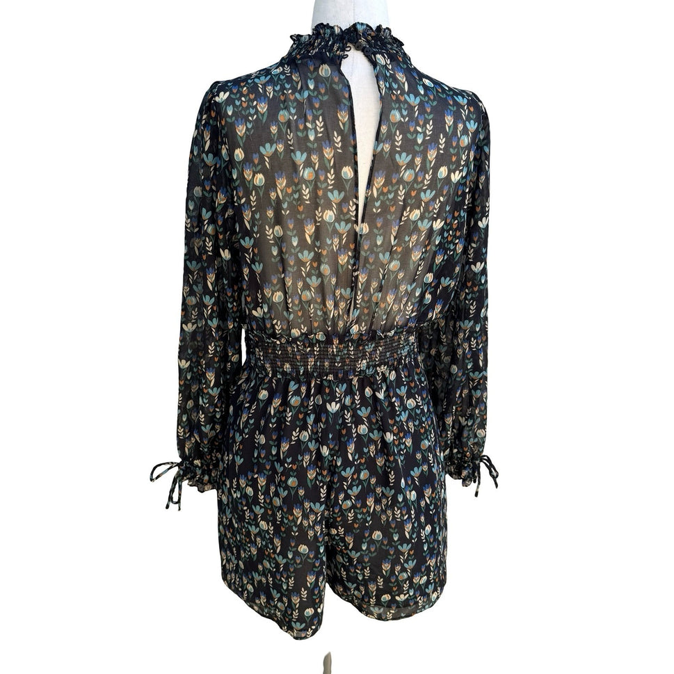 Zara Cottagecore Whimsigoth Boho Dark Floral Smocked Mock Neck Romper Black S