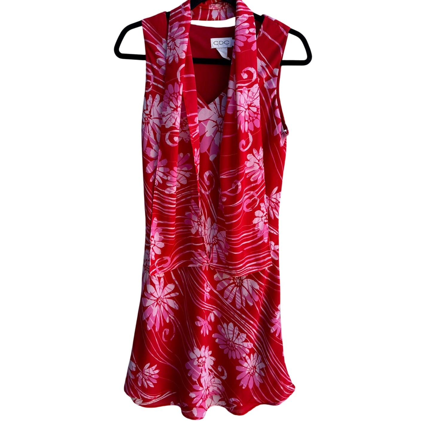 CDC Vintage Y2K Womens Red Floral Sleeveless Bias Cut Ruffle Hem Dress Scarf 6