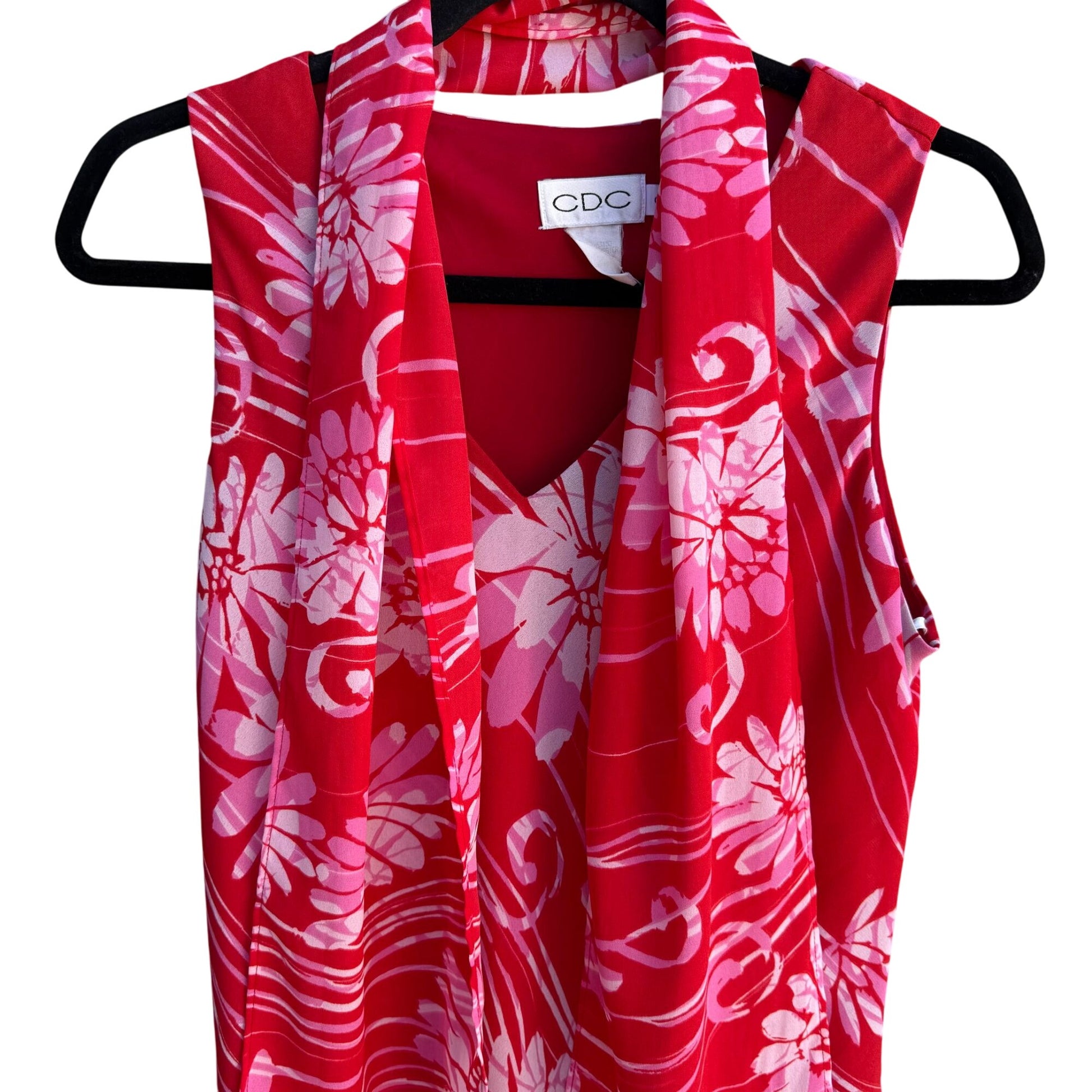 CDC Vintage Y2K Womens Red Floral Sleeveless Bias Cut Ruffle Hem Dress Scarf 6
