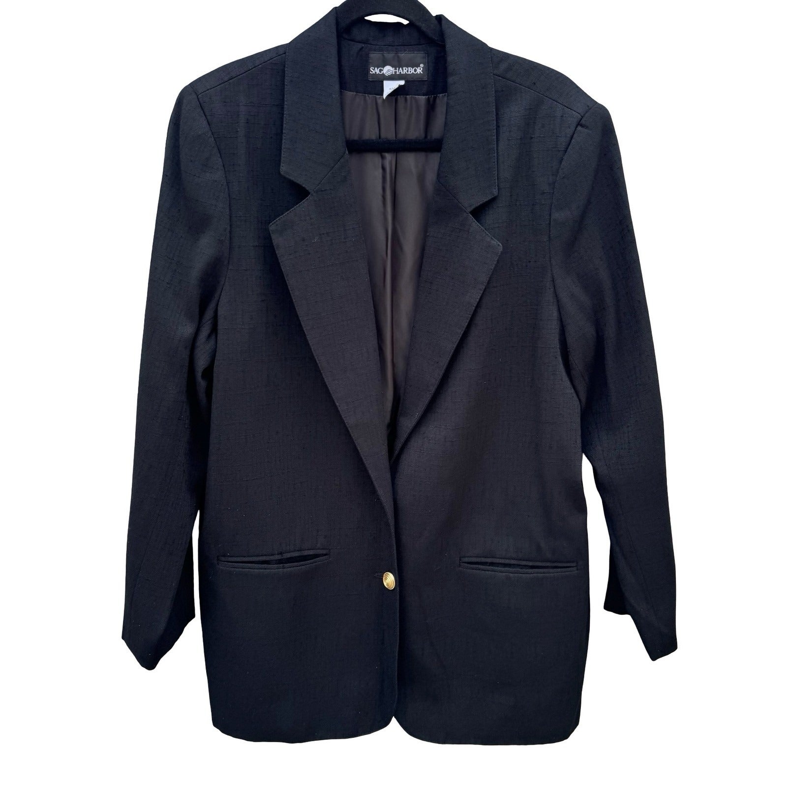 Sag Harbor Vintage 90s Womens Black Textured Slub Blazer Gold Buttons Size 16