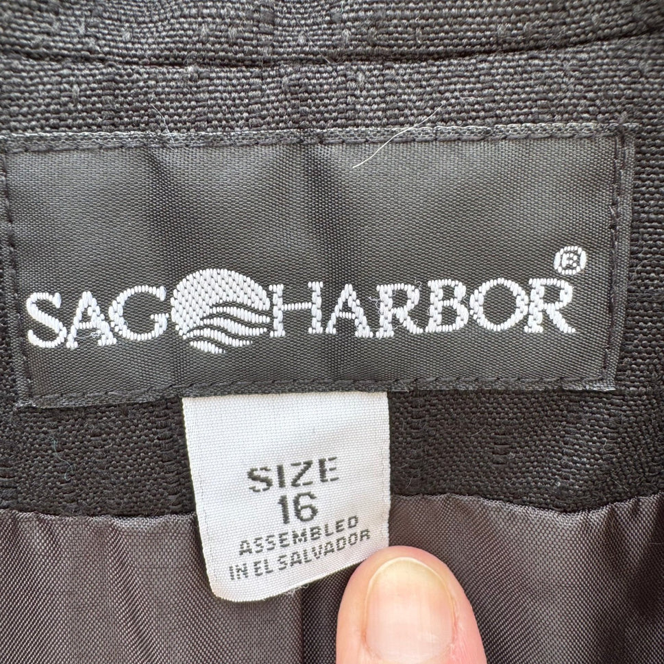 Sag Harbor Vintage 90s Womens Black Textured Slub Blazer Gold Buttons Size 16