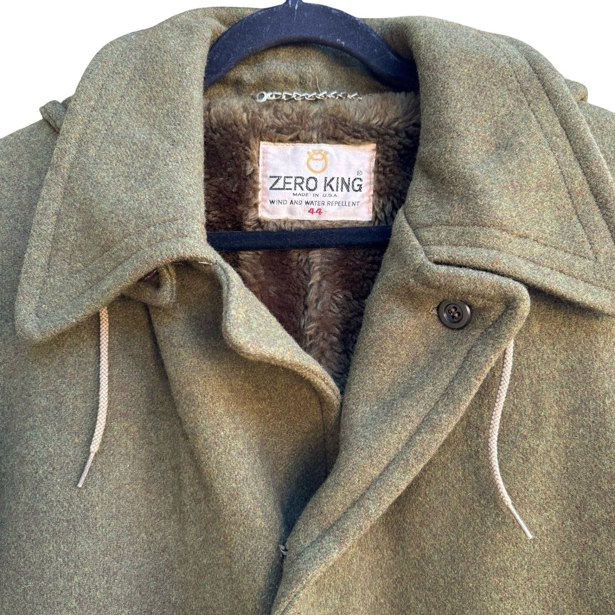 Zero King Vintage 70s Wool Faux Fur Lined Hooded Military Field Coat Green Mens