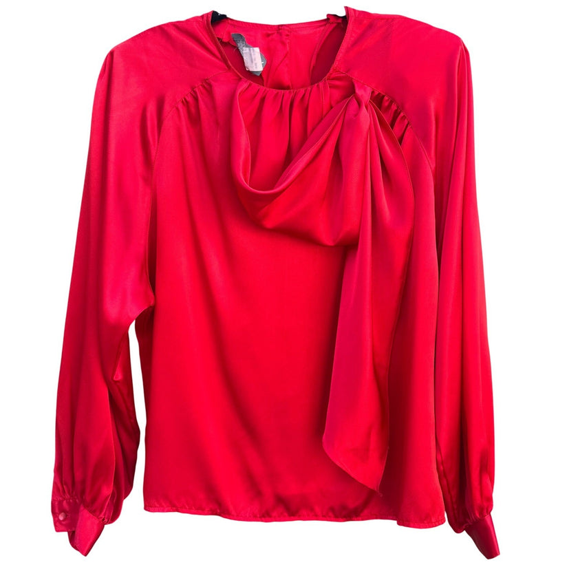 Sonya Ratay for San Andre Vintage Red Satin Scarf Neck Button Back Blouse Sz 8