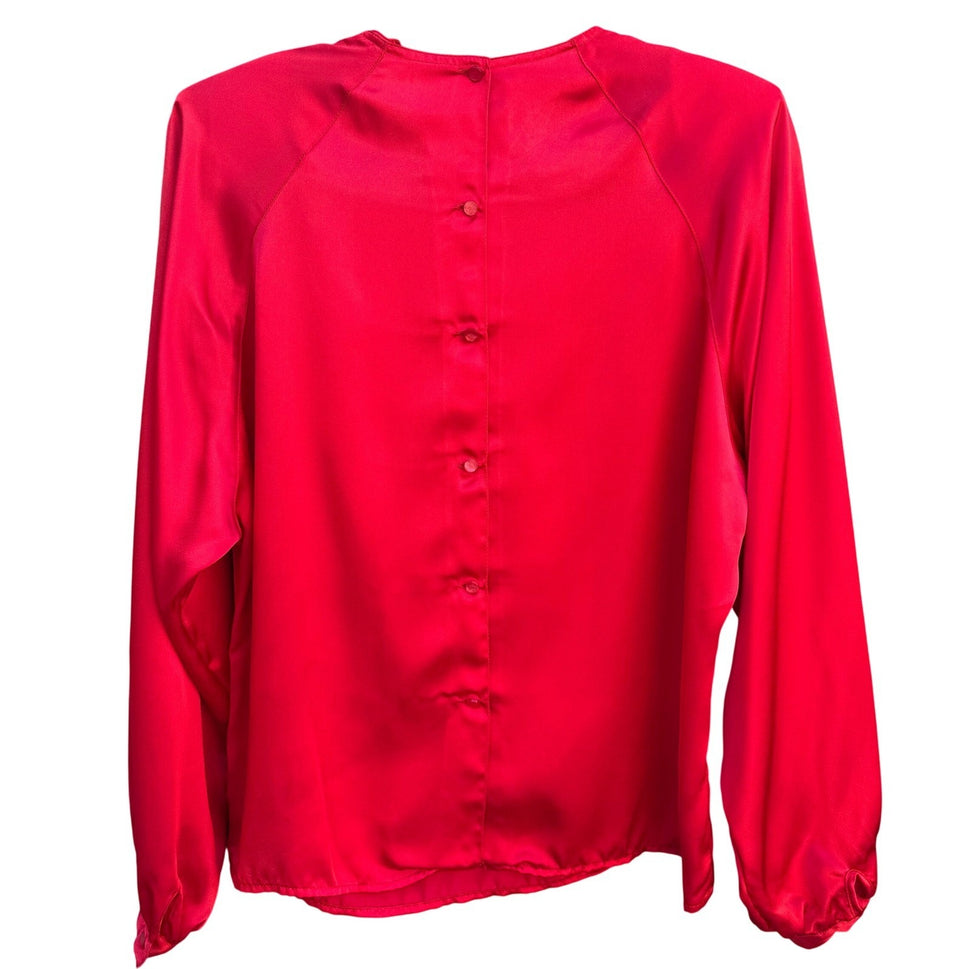 Sonya Ratay for San Andre Vintage Red Satin Scarf Neck Button Back Blouse Sz 8
