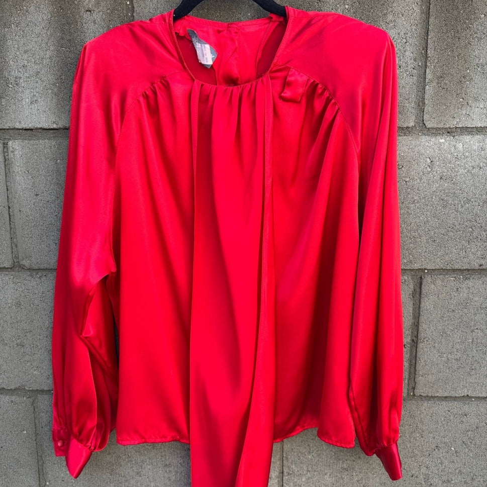 Sonya Ratay for San Andre Vintage Red Satin Scarf Neck Button Back Blouse Sz 8