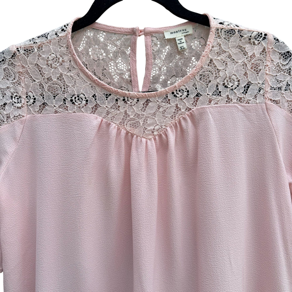 Monteau Womens Pink Lace Yoke Boho Party Flutter Sleeves Blouse Shirt Top L