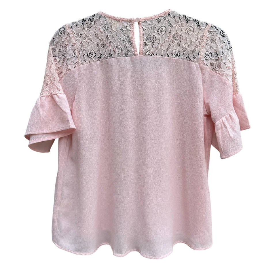 Monteau Womens Pink Lace Yoke Boho Party Flutter Sleeves Blouse Shirt Top L
