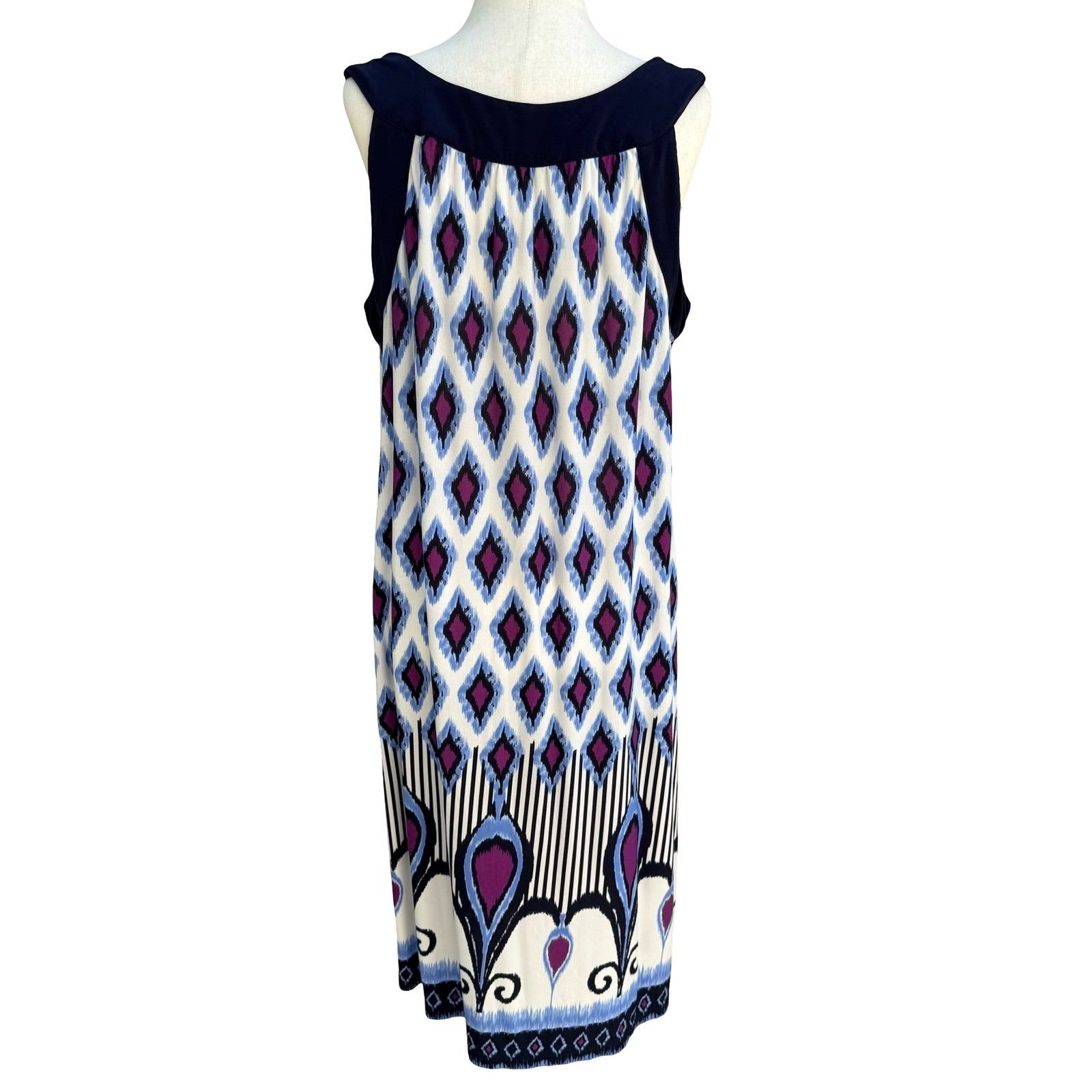 John Paul Richard Boho Art Deco Blue Ikat Diamond Print Sleeveless Midi Dress L