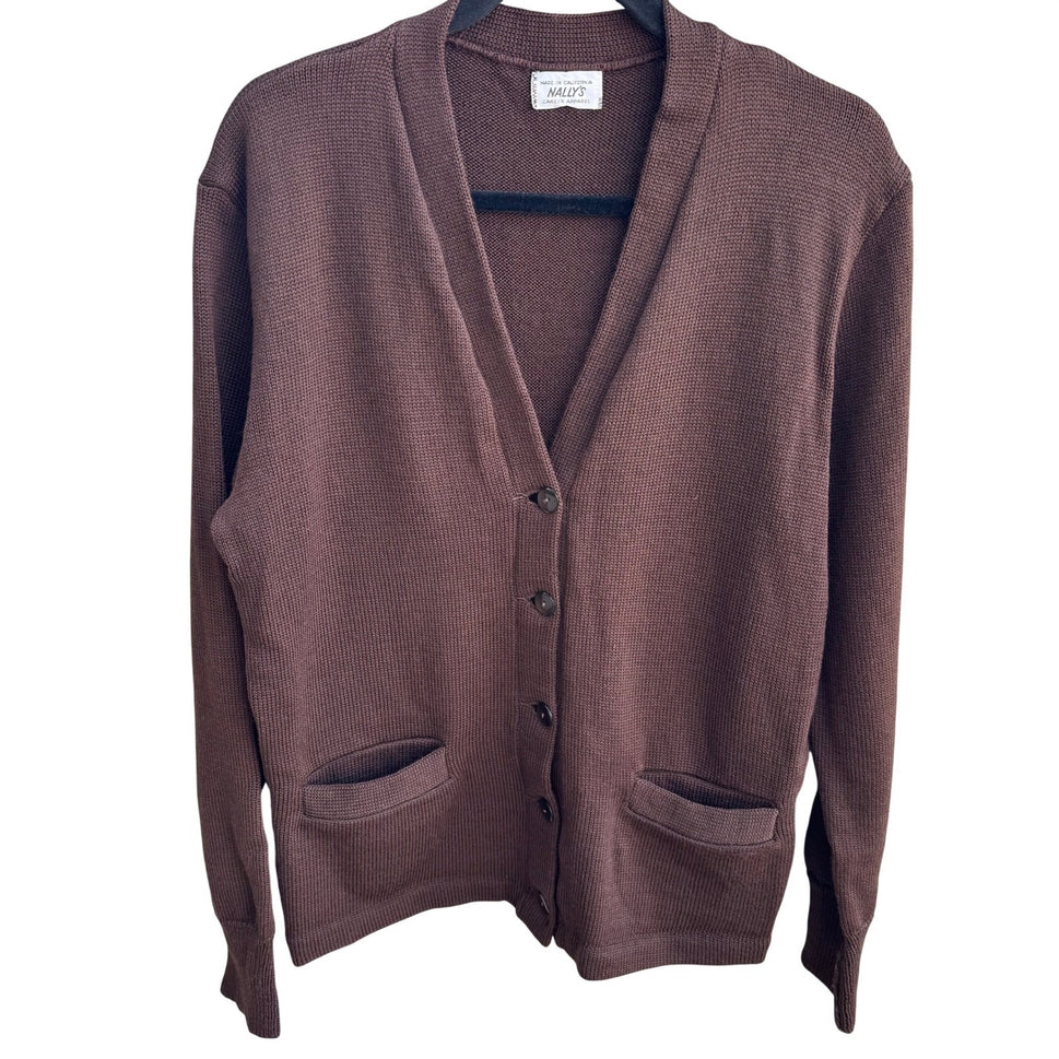 Nallys Career Apparel Vintage Brown Button Front V-Neck Cardigan Sweater Pockets