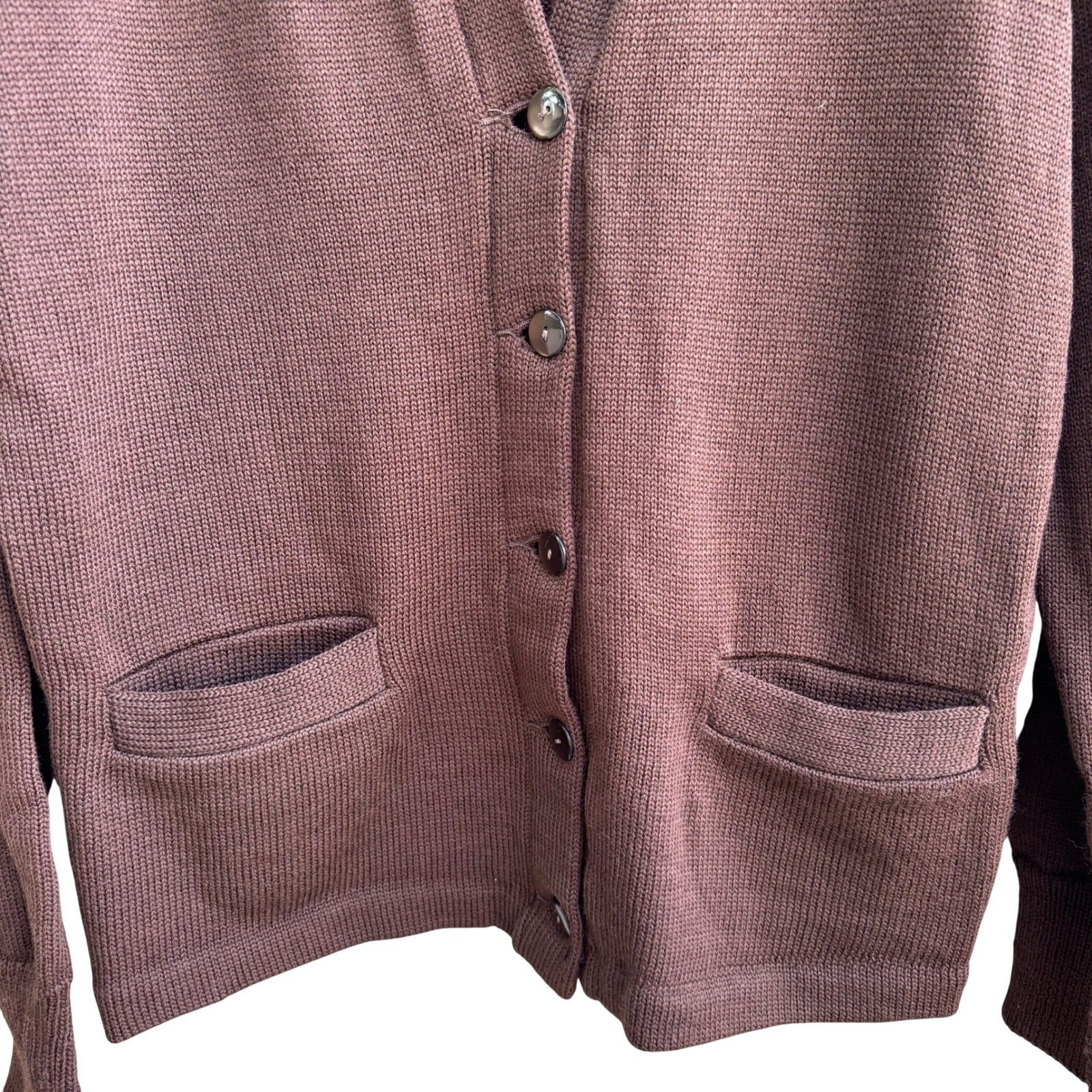 Nallys Career Apparel Vintage Brown Button Front V-Neck Cardigan Sweater Pockets