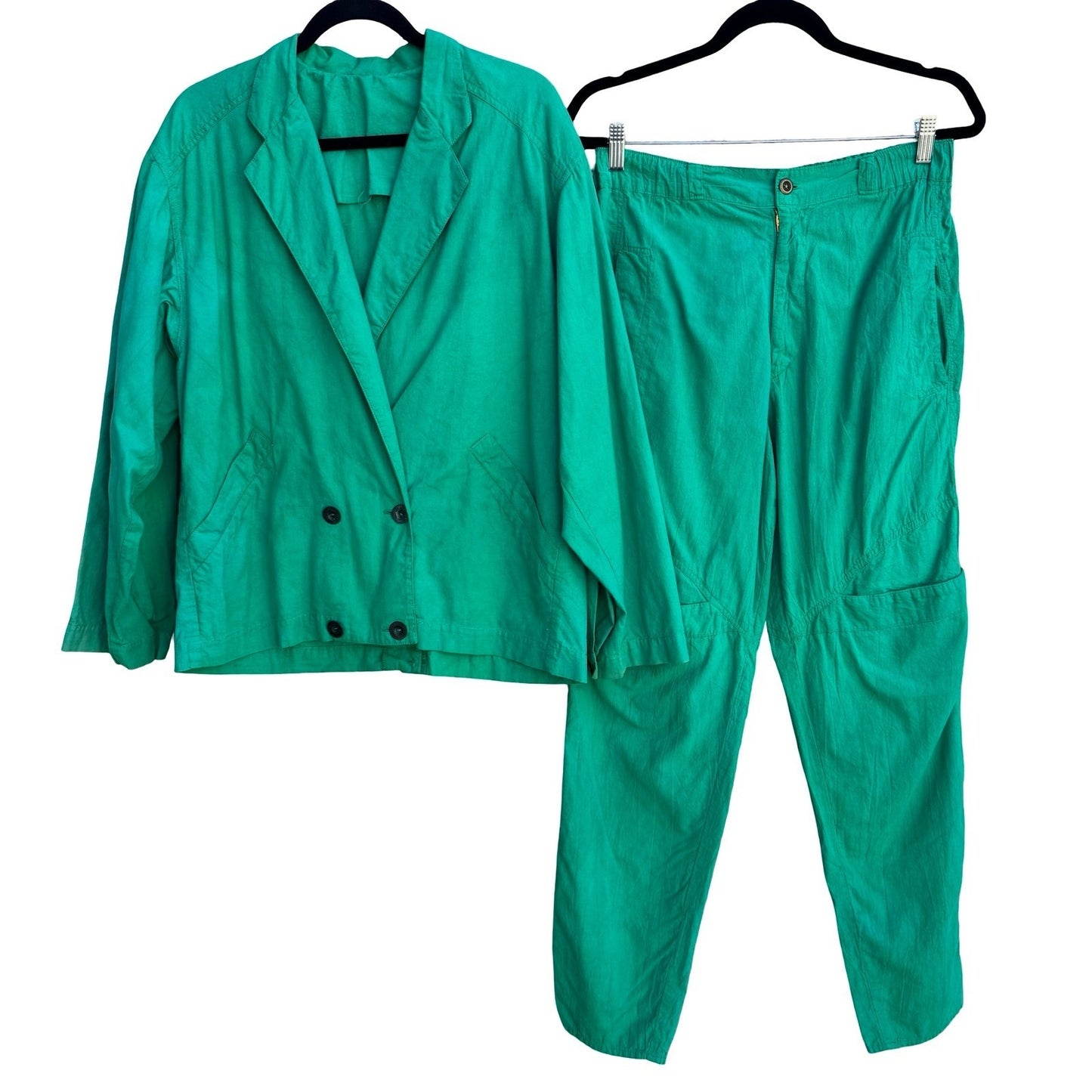 Vintage 80s Emerald Green 2 Piece Blazer Tapered Pants Set Textured Suit L/XL