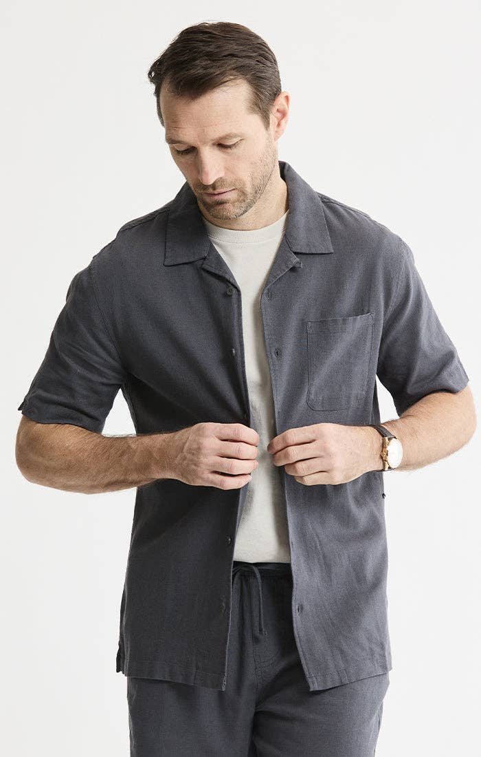 Linen Blend Short Sleeve Camp Shirt: STONE / XL