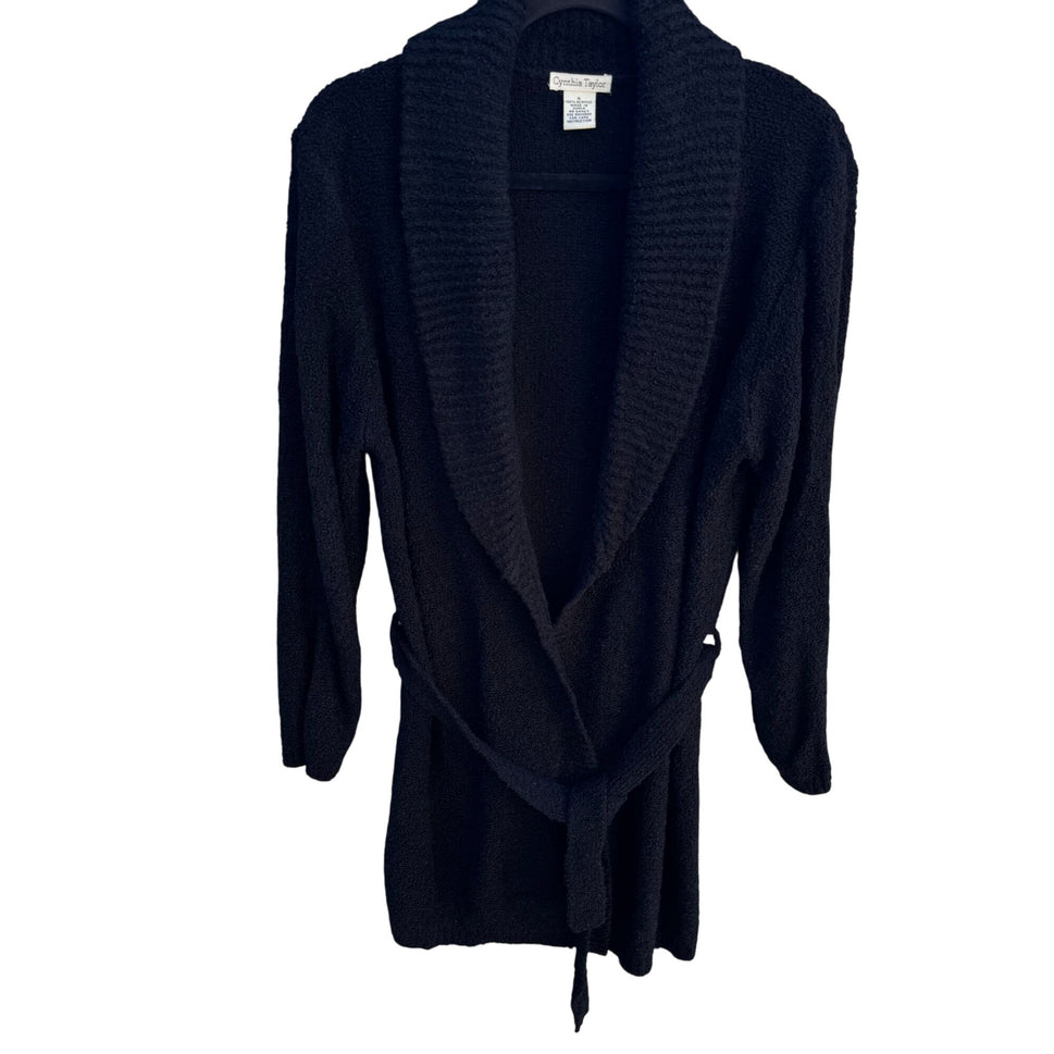 Cynthia Taylor Black Shawl Collar Belted Knit Long Sleeve Cardigan Sweater S