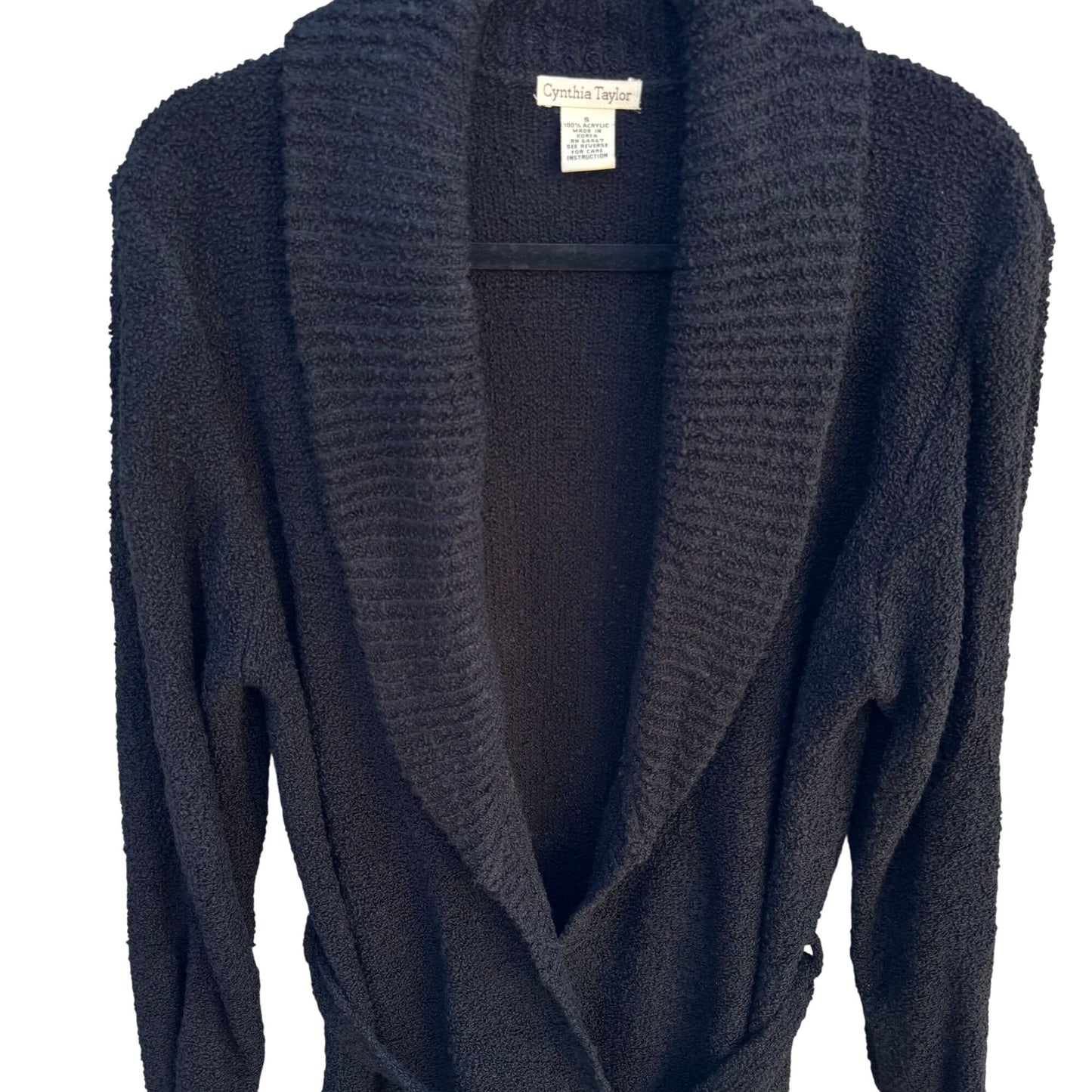 Cynthia Taylor Black Shawl Collar Belted Knit Long Sleeve Cardigan Sweater S