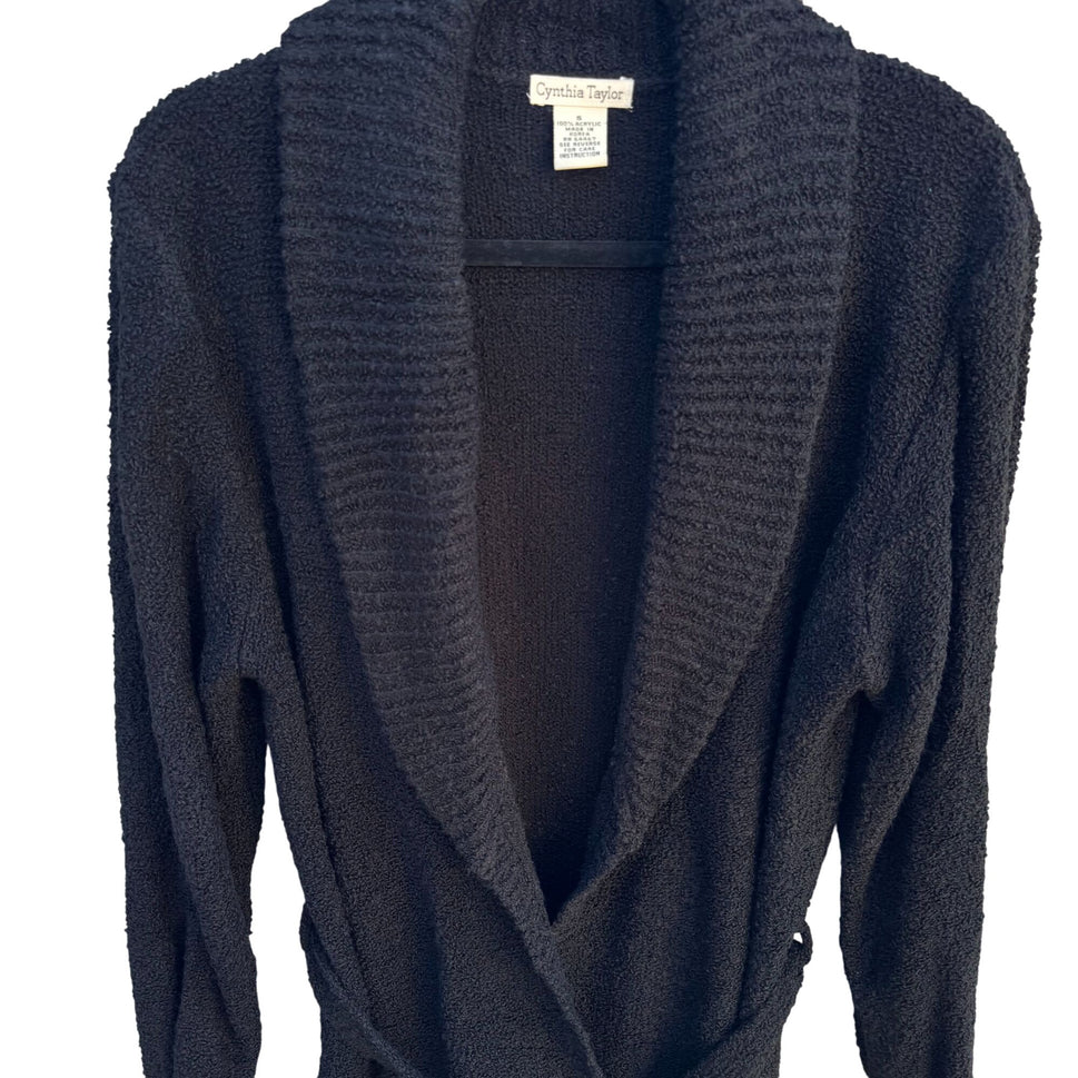 Cynthia Taylor Black Shawl Collar Belted Knit Long Sleeve Cardigan Sweater S
