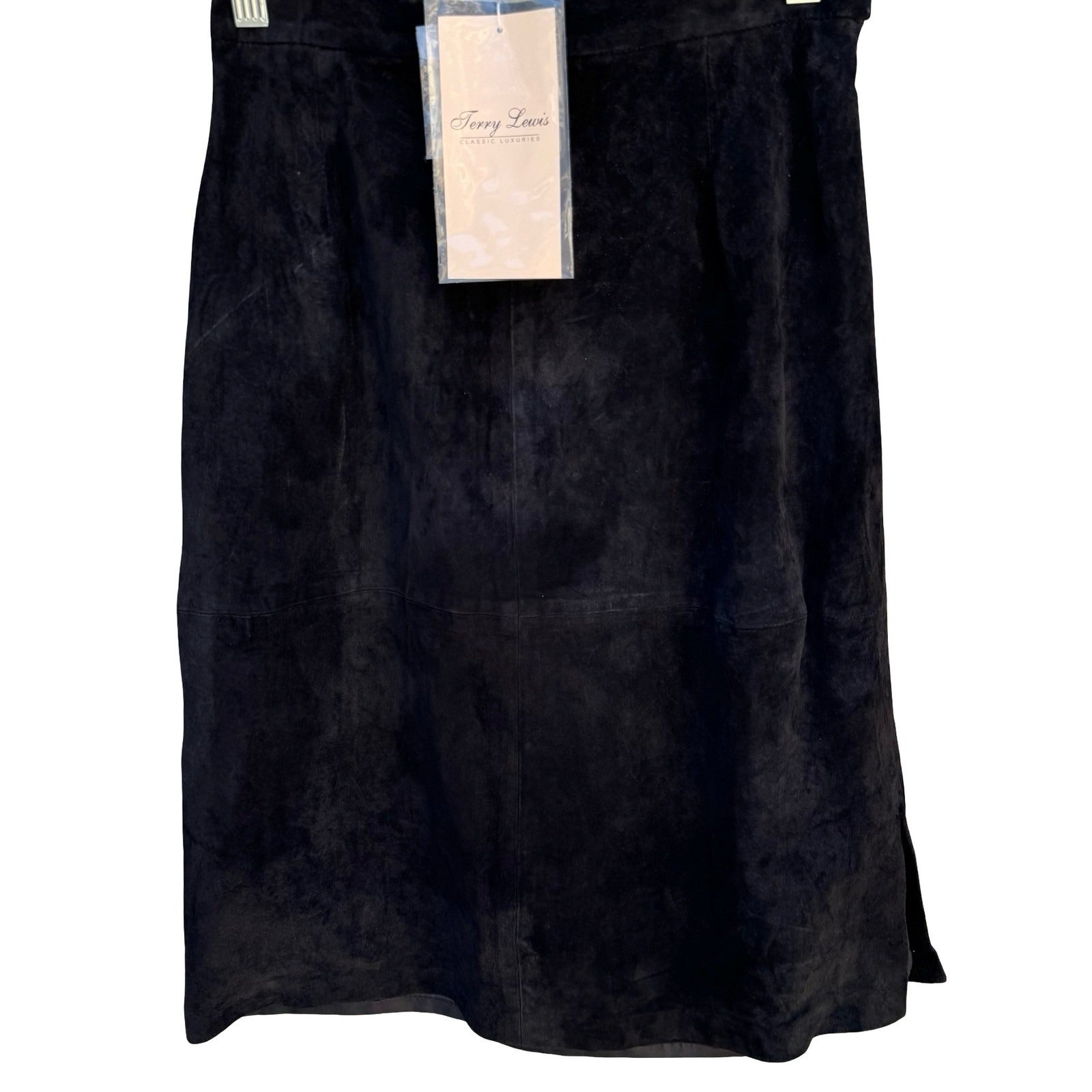 Terry Lewis Black Suede Leather Midi Skirt Side Slit Elastic Back Size 6 NEW