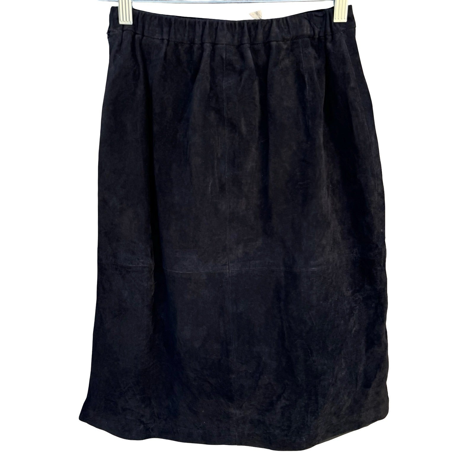 Terry Lewis Black Suede Leather Midi Skirt Side Slit Elastic Back Size 6 NEW