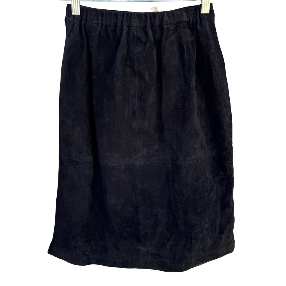 Terry Lewis Black Suede Leather Midi Skirt Side Slit Elastic Back Size 6 NEW