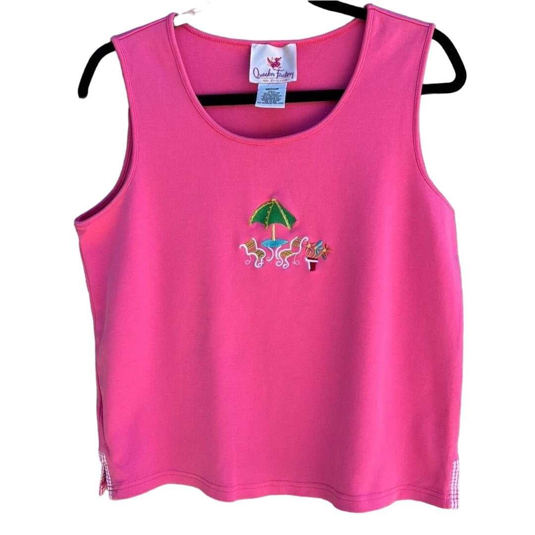 The Quacker Factory Women's Pink Embroidered Beaded Beach Sleeveless Tank Top M