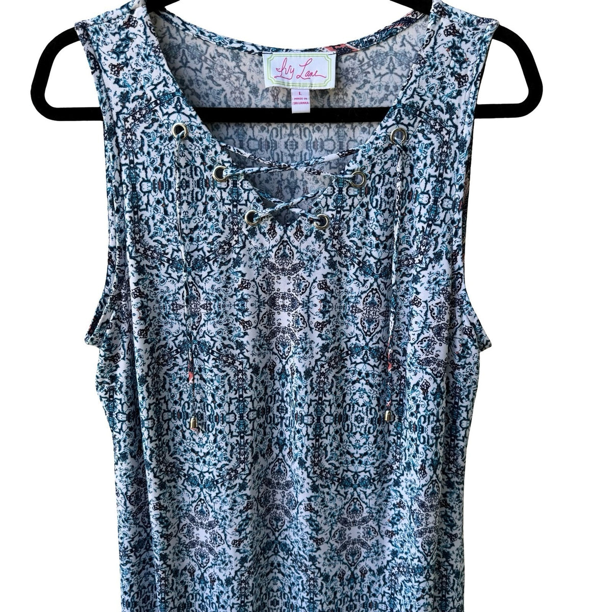 Ivy Lane Boho Festival Flowy Tie Up Damask Sleeveless Shift Peasant Dress Blue L