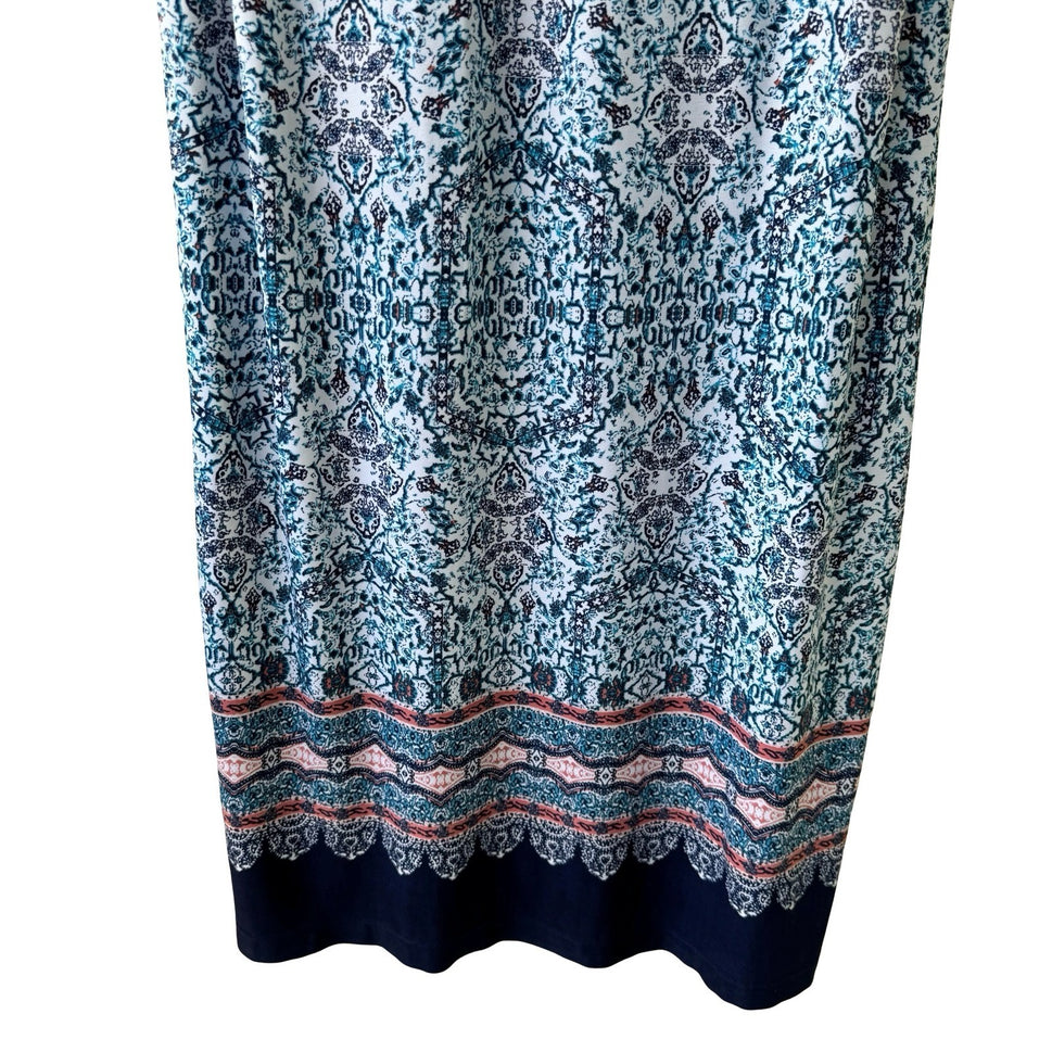 Ivy Lane Boho Festival Flowy Tie Up Damask Sleeveless Shift Peasant Dress Blue L