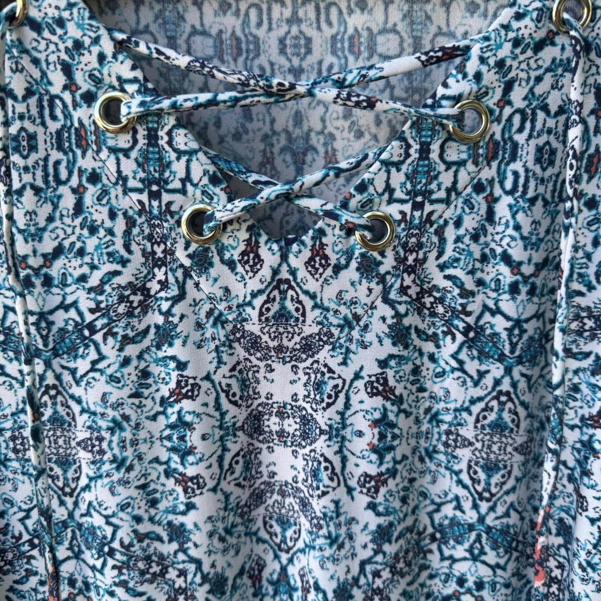 Ivy Lane Boho Festival Flowy Tie Up Damask Sleeveless Shift Peasant Dress Blue L