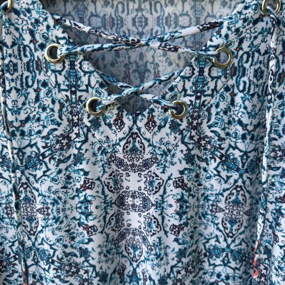 Ivy Lane Boho Festival Flowy Tie Up Damask Sleeveless Shift Peasant Dress Blue L