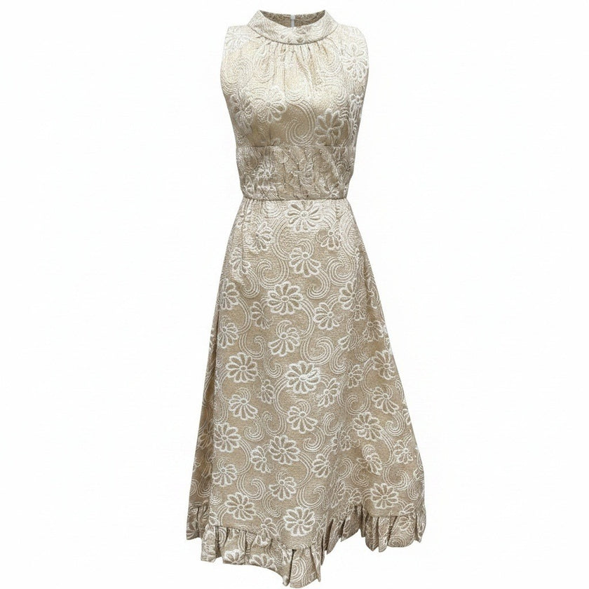 Kent Originals Vintage Gold Floral Brocade Maxi Dress Rhinestone High Neck 10