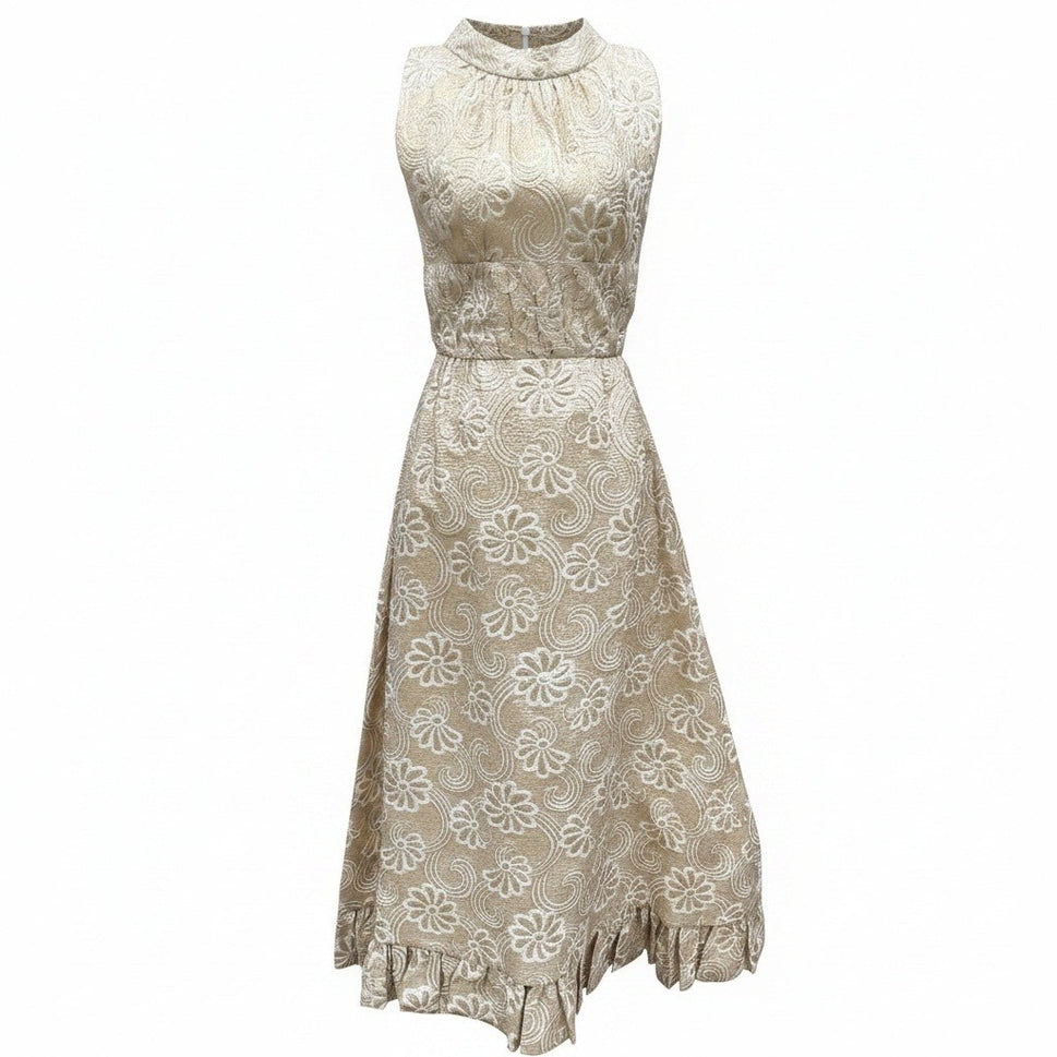 Kent Originals Vintage Gold Floral Brocade Maxi Dress Rhinestone High Neck 10