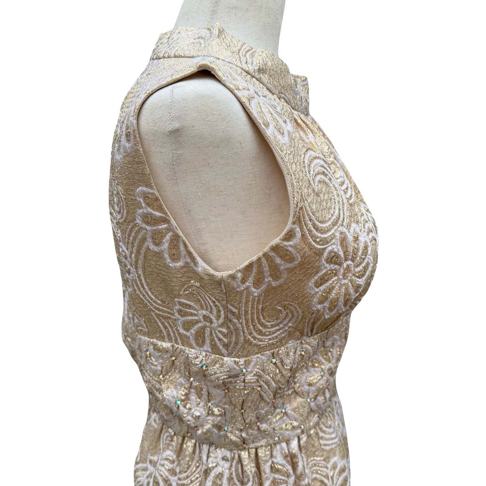 Kent Originals Vintage Gold Floral Brocade Maxi Dress Rhinestone High Neck 10